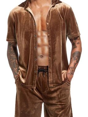 LecGee Velvet Short Sleeve Button-Up Set in Brown XL